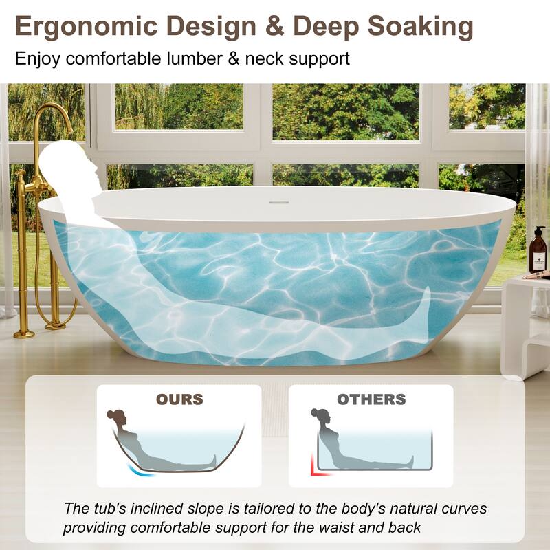 71 in. Freestanding Solid Surface Bathtub in Matte White, Luxury Deep Soaking Tub with Center Drain