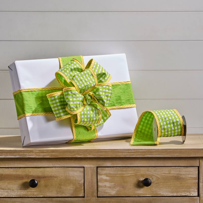 4"X5Y Spring Gingham With Border Ribbon - Green