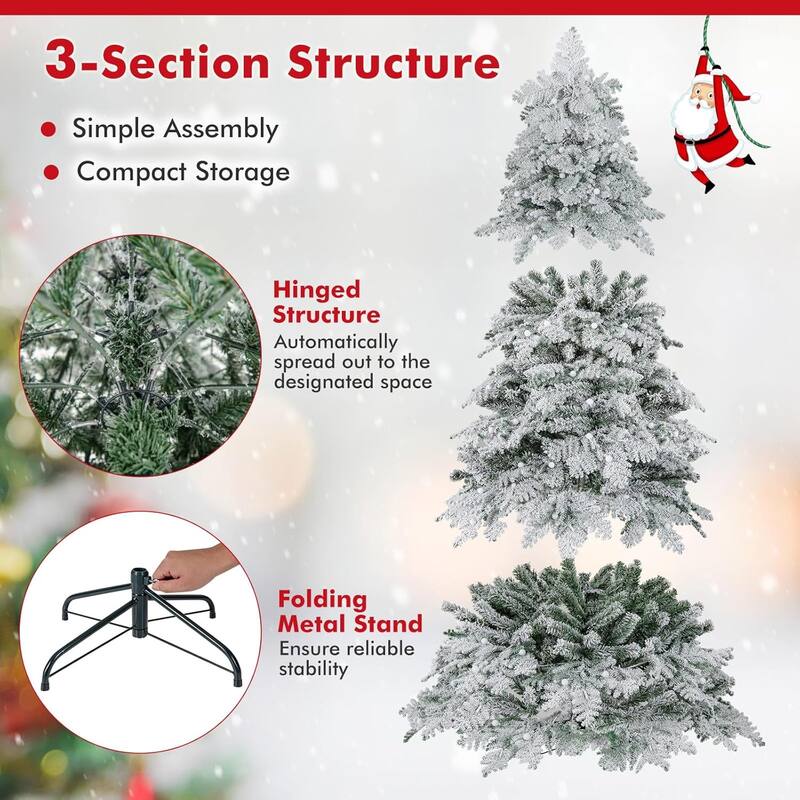 6/7 FT Pre-lit Artificial Christmas Tree Snow Flocked Hinged Xmas Tree