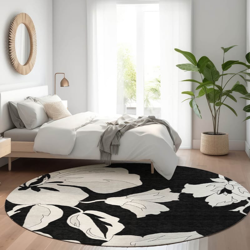 Premium Washable Super Soft Modern Floral Mayfield Rug - Black - 8' x 8'
