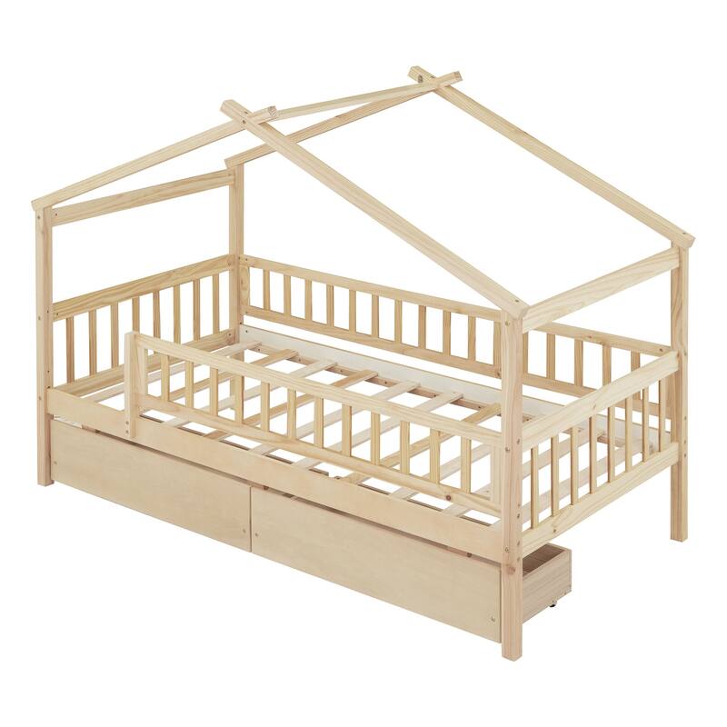 Twin Size Wooden House Bed with Drawers and Roof Design, Kids Bed Frame