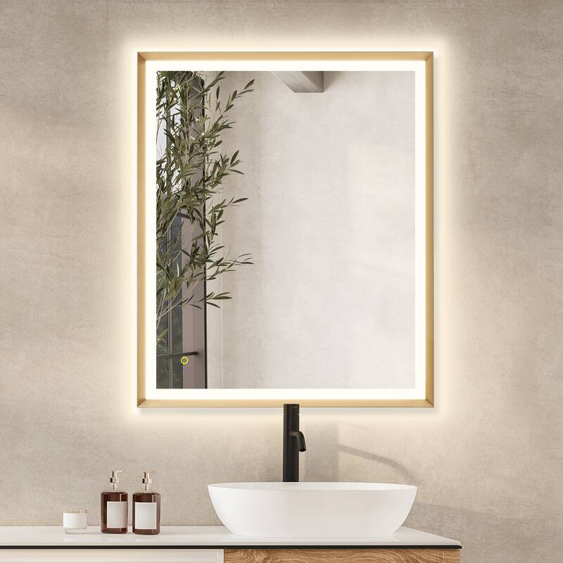 Apollo Rectangular Anti-Fog Dimmable Modern Bathroom/Vanity LED Lighted Wall Mirror in Brushed Gold Aluminum Framed