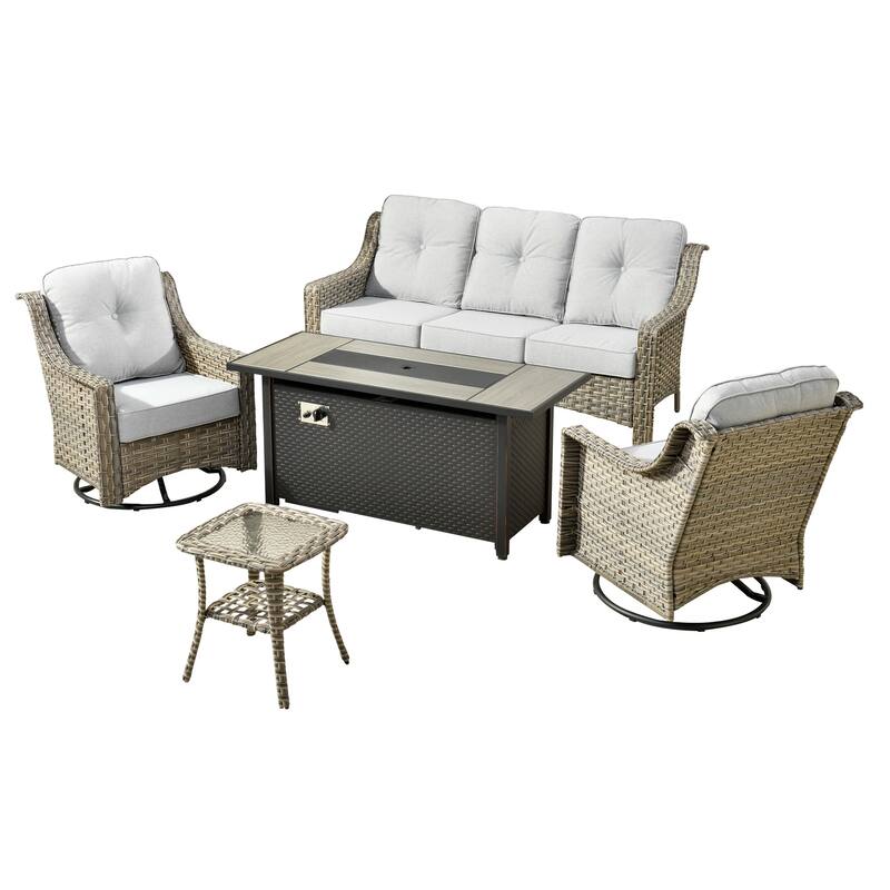 HOOOWOOO 5-piece Rattan Outdoor Patio High Back Swivel Chair Set with 54"Fire Pit