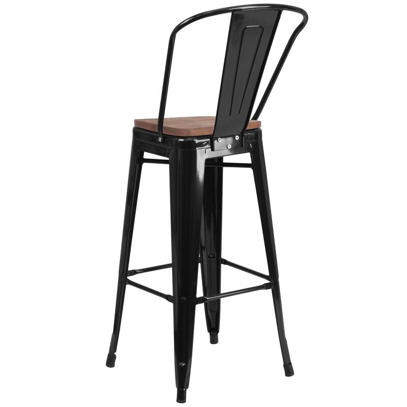 30" High Metal Barstool with Back and Wood Seat - 17.75"W x 20"D x 45.25"H