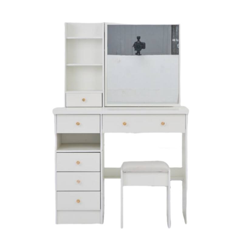 37" Bedroom Vanity Set with Sliding Mirror & Cushioned Stool - White
