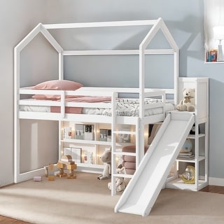 Twin Size Wood House Loft bed with Slide, Storage shelves & Light, Climbing Ramp, White