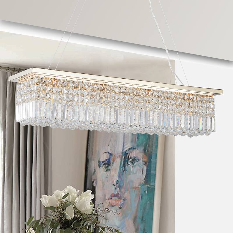 Modern Rectangular Crystal Chandelier 8-Light Gold Pendant Light Fixture for Dining Room & Bar