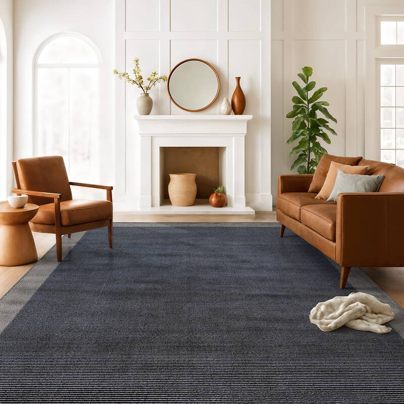 Modern Geometric Stripe Bordered Area Rug for Living Room, Bedroom, or Entryway - Low Pile Indoor Rug - Navy - 7' 10" x 10'