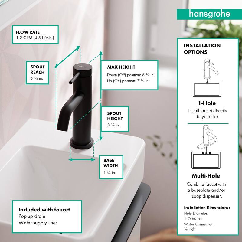 Hansgrohe 73302 Tecturis S 1.2 GPM Single Hole Bathroom Faucet with