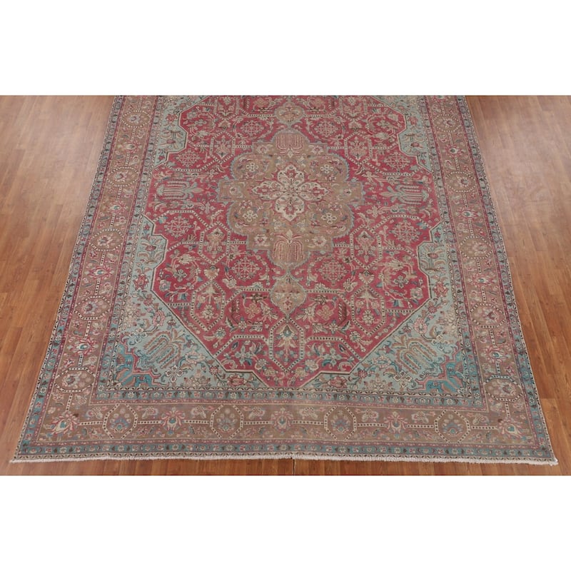 Pink Distressed Tabriz Persian Vintage Area Rug Handmade Wool Carpet - 9'9" x 12'11"