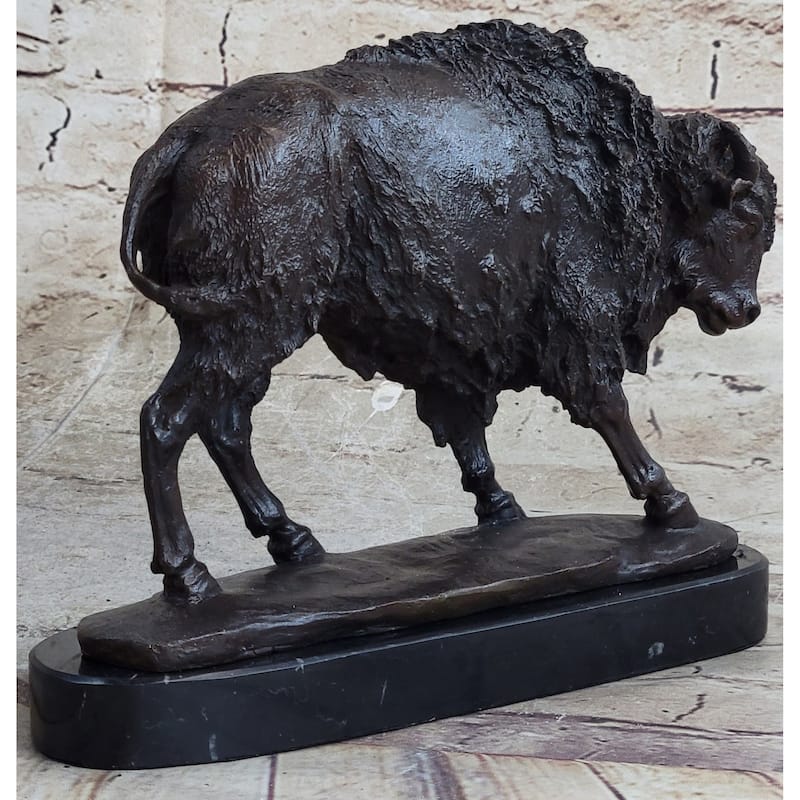 American Buffalo Bison Western Decor Bronze Marble Base Statue Sculpture Artwork