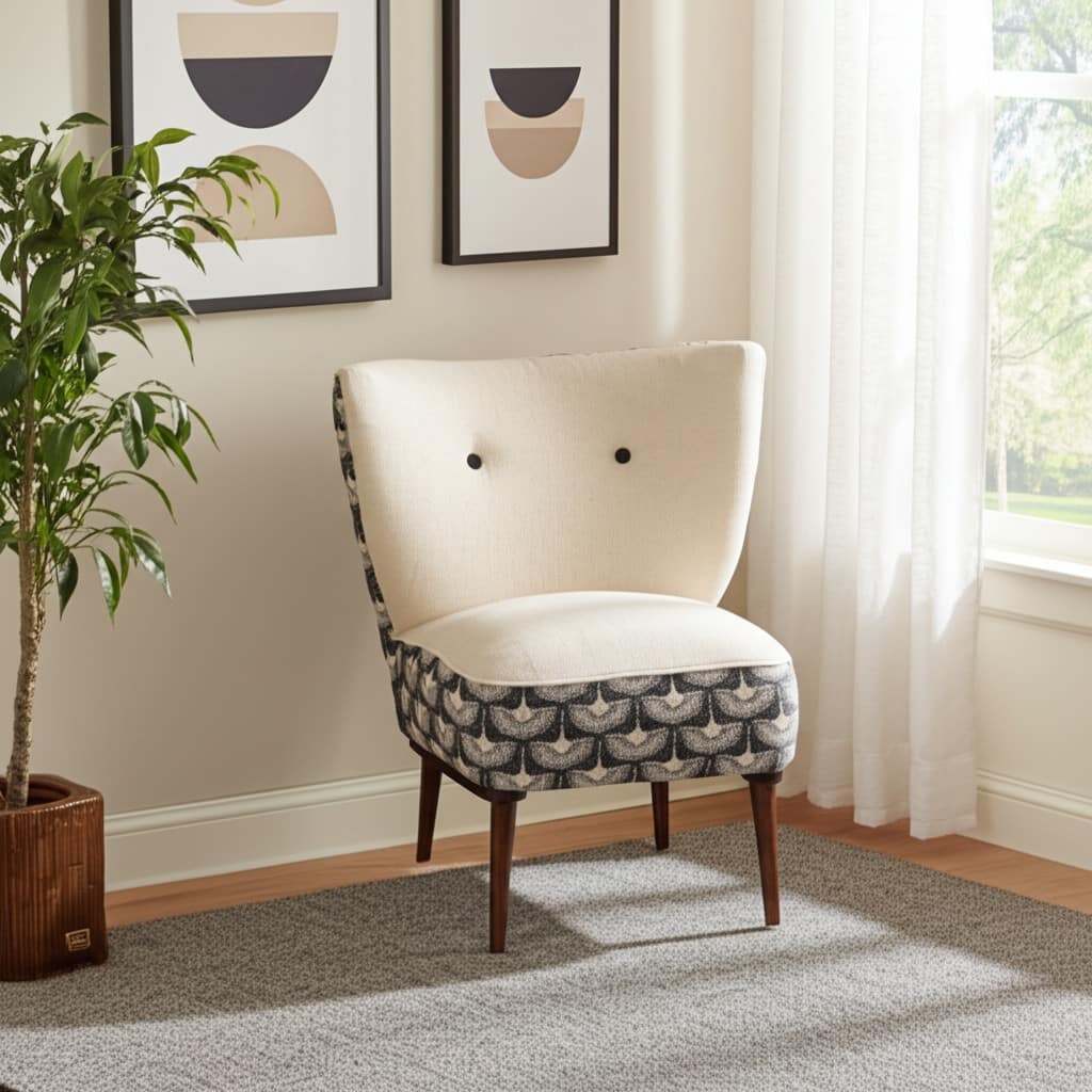HomeRoots 30" Cream Charcoal and Brown Geometric Tufted Wingback Chair - 29.5 in. x 30 in. x 26 in.