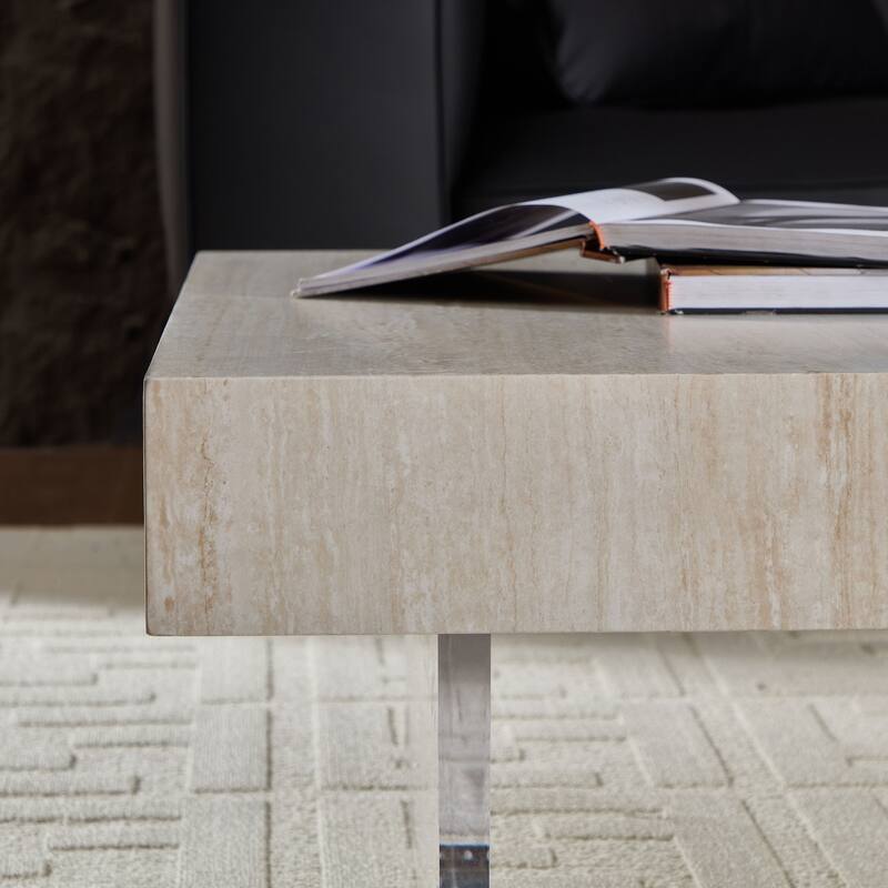 34.65" Faux Travertine Coffee Table with Acrylic Legs
