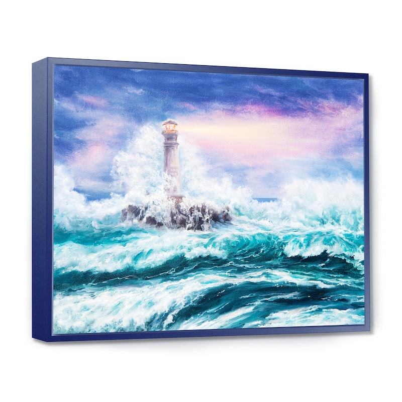 Designart "Lighthouse Wild Blue Ocean Waves" Nautical & Coastal Framed Canvas Wall Art Print - 20 in. wide x 12 in. high - Blue