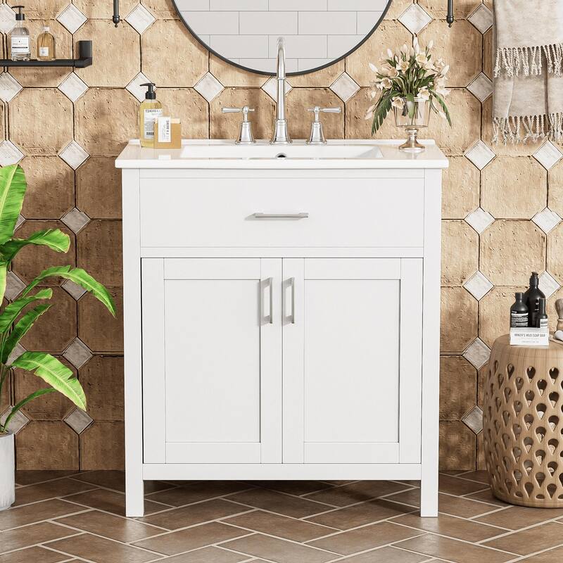 Compact 30-Inch Bathroom Vanity with Ceramic Sink, Premium Wood Frame & Soft-Close Doors