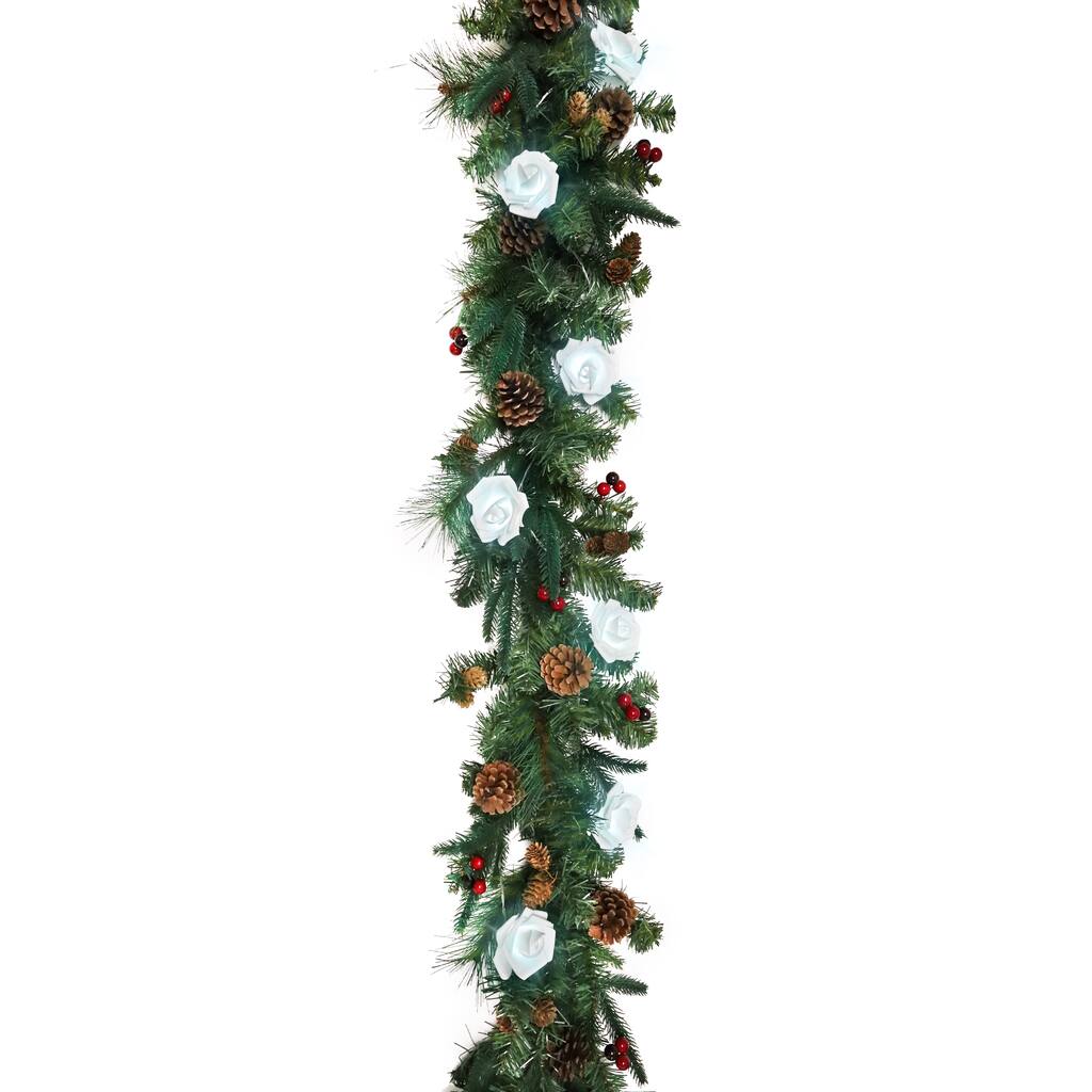 6ft Artificial Mixed Berry Pine Cone & Pine Christmas Garland with Rose String Light Set - 72" L x 9" W x 6" DP