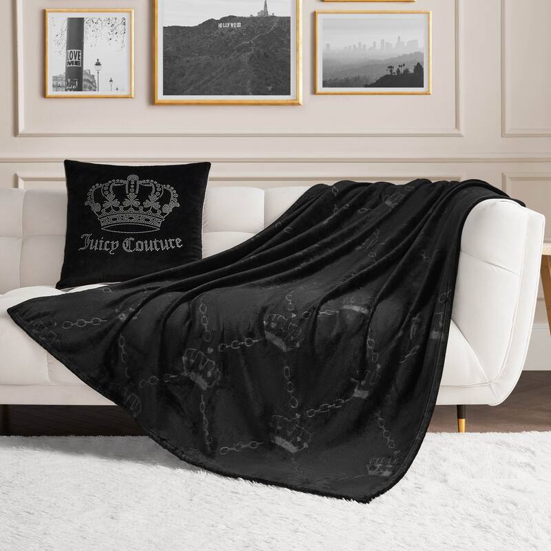 Juicy Couture Embossed Plush Throw Blanket - 50"x70" - Black Crown