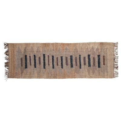Jute and Leather Floor Runner Rug with Pattern and Fringe - 96.0"L x 30.0"W x 0.5"H