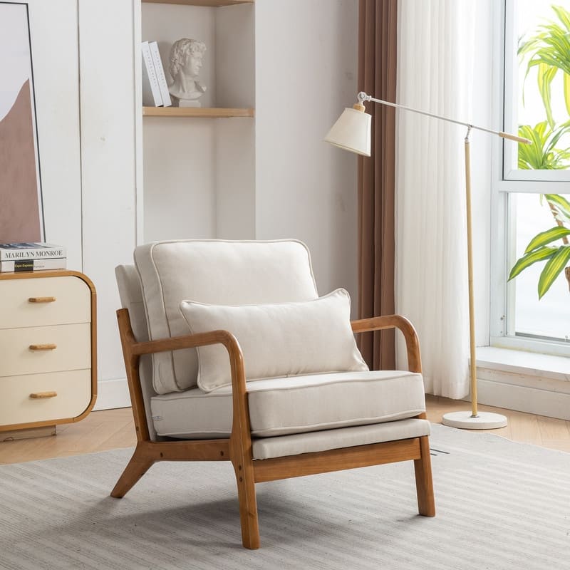 SEYNAR Mid Century Boucle Uplostered Soild Wood Accent Armchair with Pillow - Beige