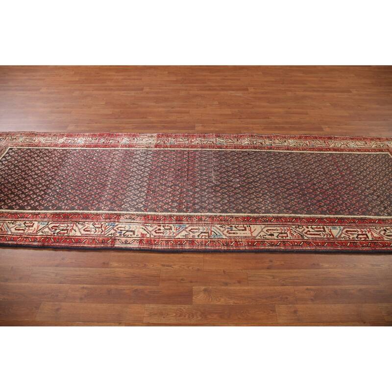 Hand Knotted Oriental 100% Wool Carpet Traditional All-Over Greys & Charcoal Botemir Runner Rug - 10' 4'' X 3' 4''