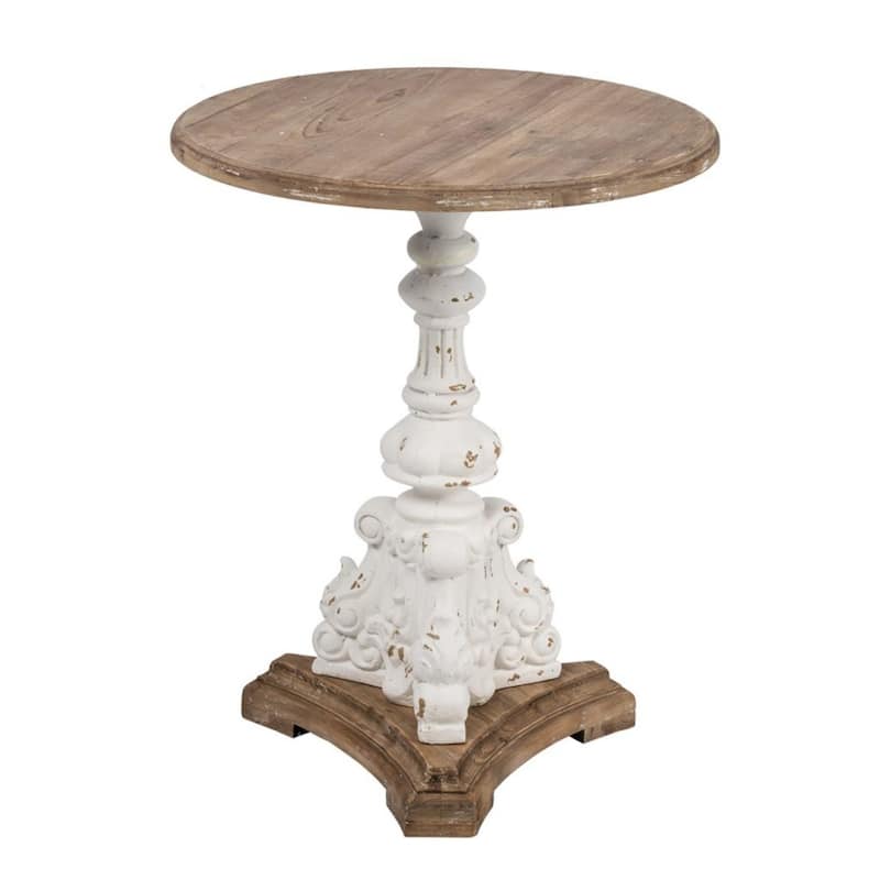27" White and Brown Antique Round Side Table