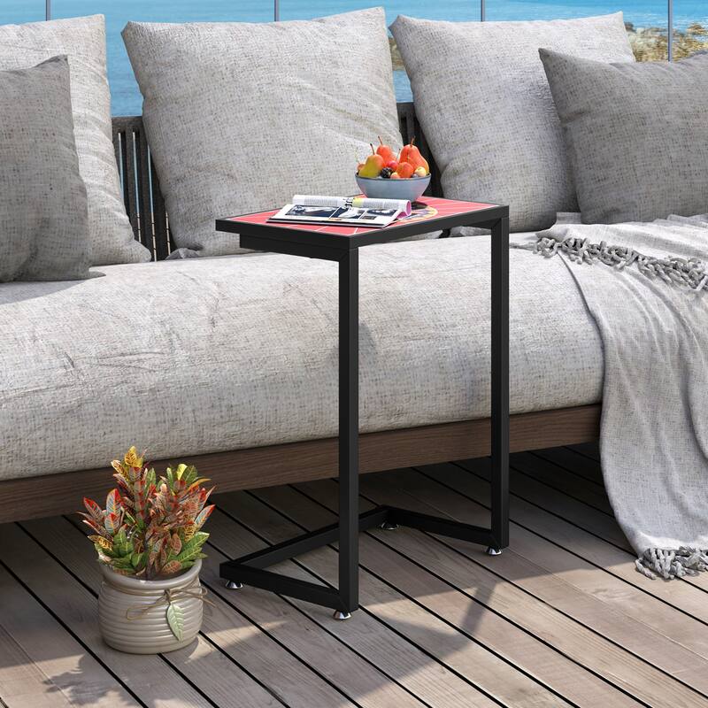 Gymax 2PCS Mosaic Outdoor C-Shaped End Table w/ Ceramic Tile Top