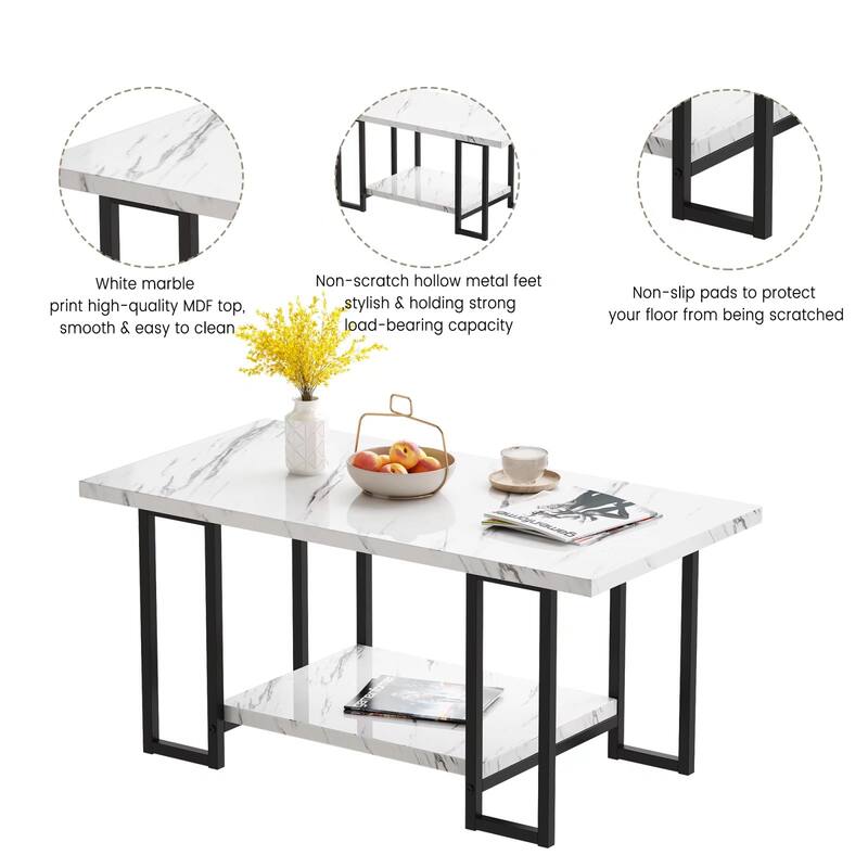 2 -Tier Rectangle Coffee Table, Black Base and Faux Marble Table top for Living Room, Double Metal Leg Design
