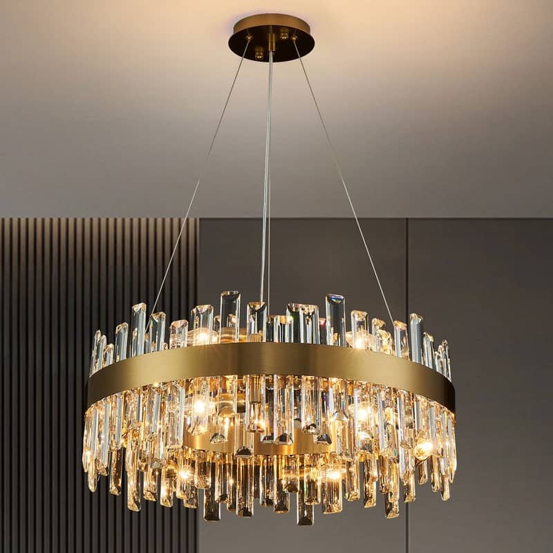 32 in. 2-Tier Modern Crystal Chandelier Brass Gold Round Crystal Raindrop Chandelier Contemporary Pendant Light for Dining Room