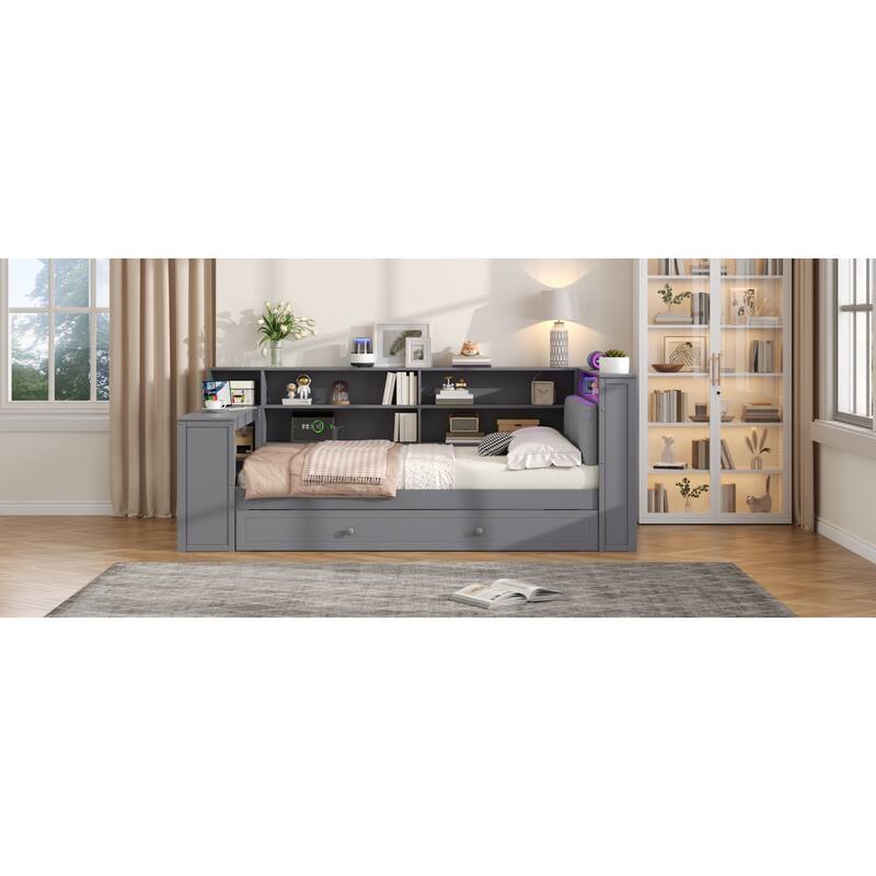 Roomfitters Twin/Full Platform Bed with Trundle, LED Headboard, Charging Station and Storage