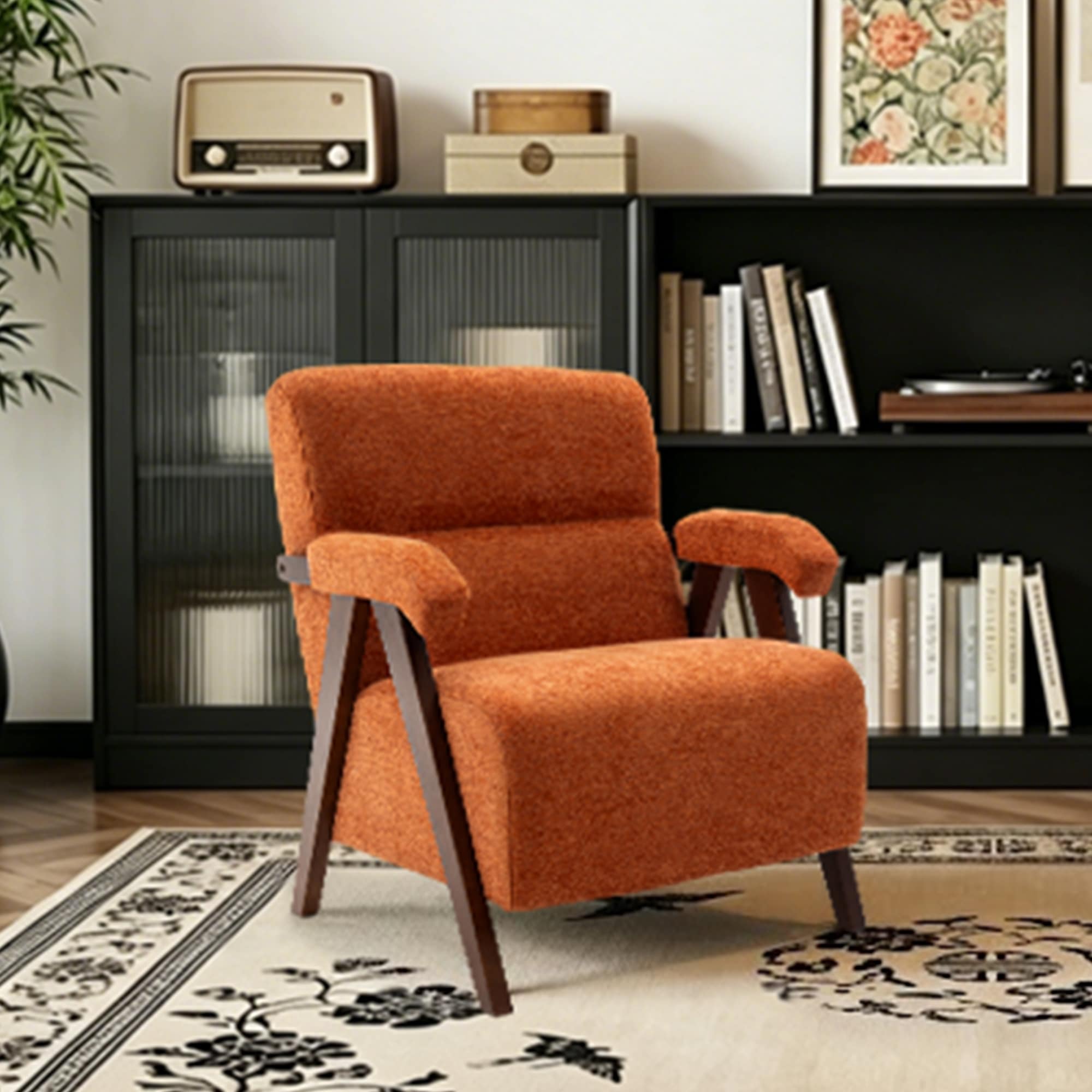 Mid Century Modern Accent Chair with Solid Wood Frame, Upholstered Living Room Chairs with Thick Cushion, Tufted Armchair