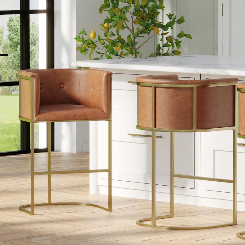 Manhattan Modern Bar Stool - Faux Leather with Gold-Finish Metal Base