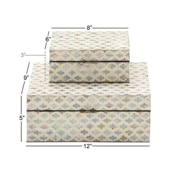 dimension image slide 2 of 10, Mother of Pearl Handmade Geometric Box with Hinged Lid (Set of 2)