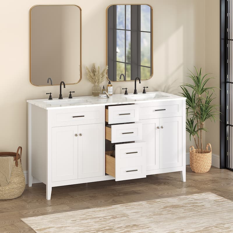 EROMMY All-in-One Bathroom Vanity with Ceramic Sink, Soft-Close Storage Cabinet & Drawer, Glossy Countertop, White - 60"