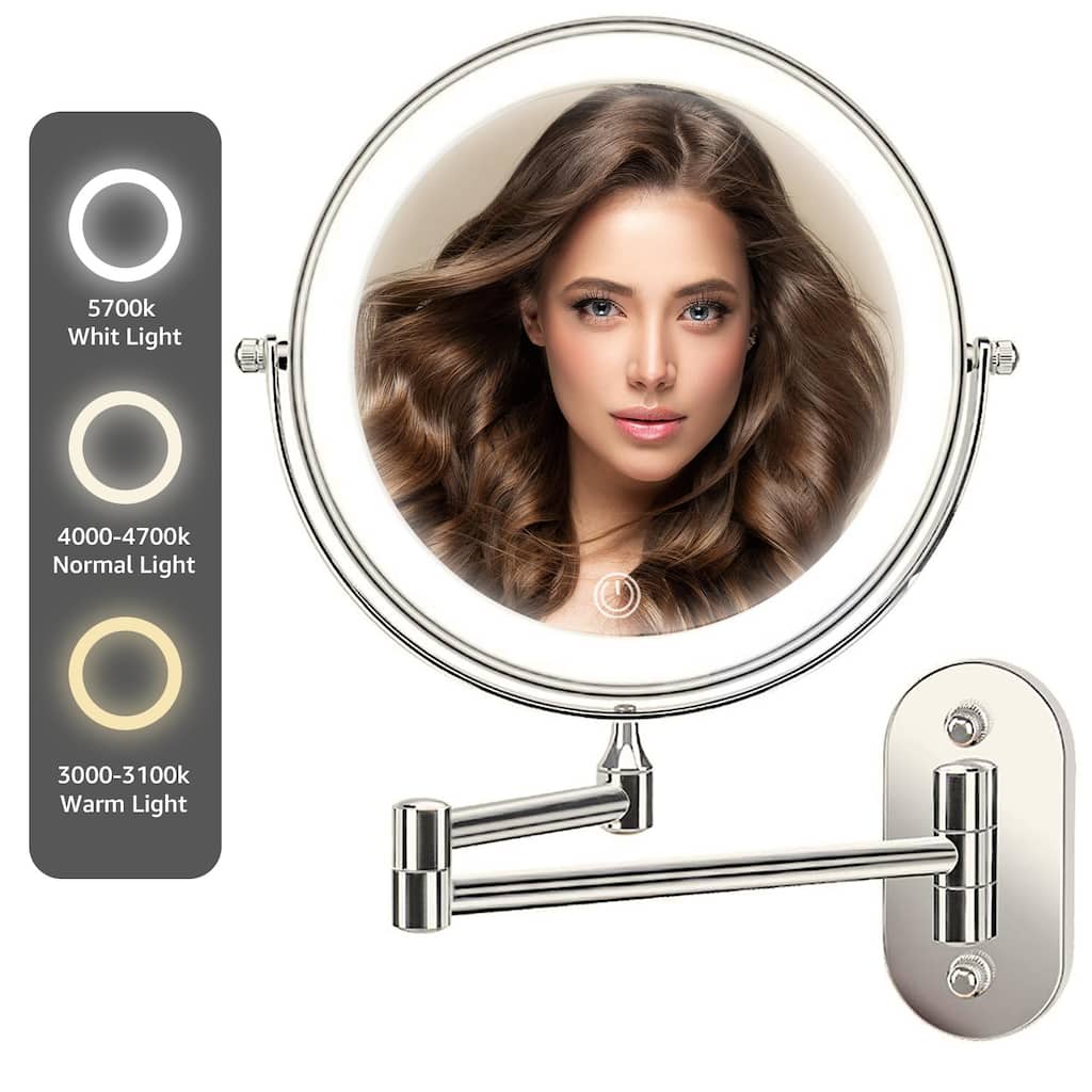 Yulika Rechargeable Lighted Wall Mounted Makeup Mirror with 3 Color Lights Double Sided 1X/10X or 1X/7X