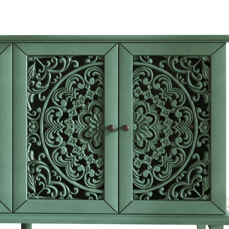 Buffet Cabinet with Floral Carvings with Solid Wood Legs&Antique Brass Handles&Adjustable Shelves,