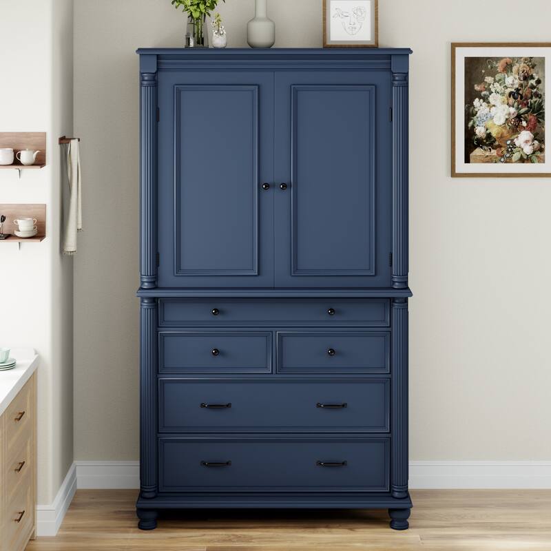 Farmhouse 77.3" Tall Kitchen Pantry Cabinet with 5 Drawers, 6 Door Shelves, 2 Adjustable Shelves