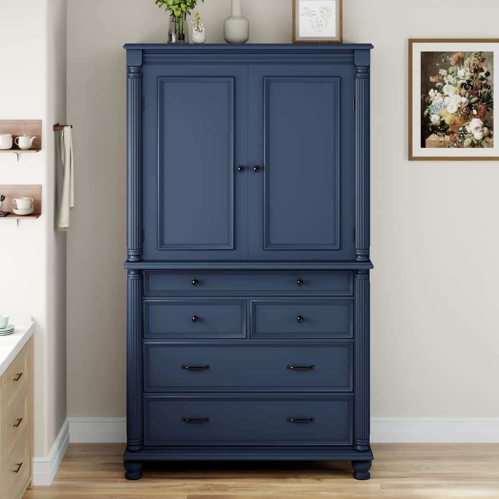 Farmhouse 77.3" Tall Kitchen Pantry Cabinet with 5 Drawers, 6 Door Shelves, 2 Adjustable Shelves