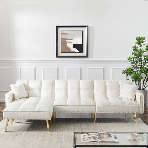 Velvet Upholstered Reversible Sectional Sofa Bed, Multiple Adjustable Positions, Nailhead Trim and Tufted Cushion Design