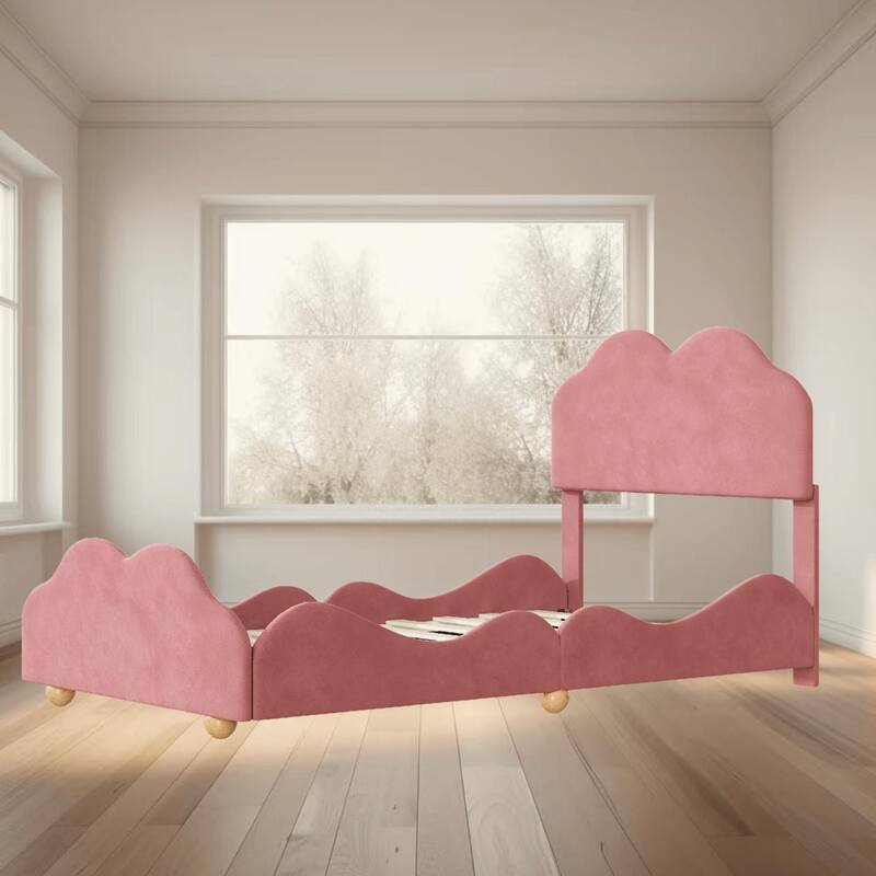 Charming Twin Size Velvet Upholstered Platform Bed Frame with Cloud Shaped Headboard and Sturdy Wooden Frame for Bedroom