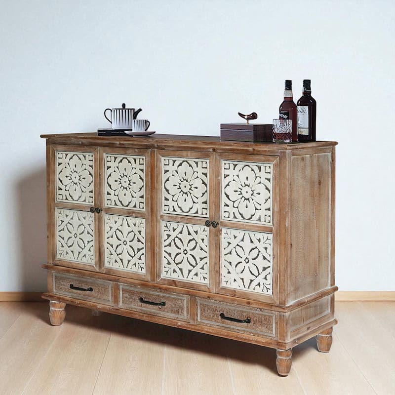 59" Natural Wood Sideboard Buffet Cabinet with 4 Doors, 3 Drawers, Adjustable Shelves and Distressed Finish