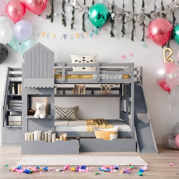 slide 2 of 12, Kid-Friendly Design Full over Full Bunk Bed with 2 Drawers 3 Shelves and Slide Grey