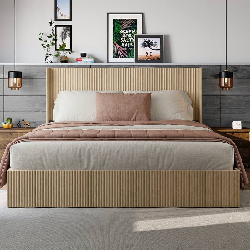 Large Grooved Undulating Lift Storage Bed Frame, Platform Bed Frame with Lift Storage Storage Bed