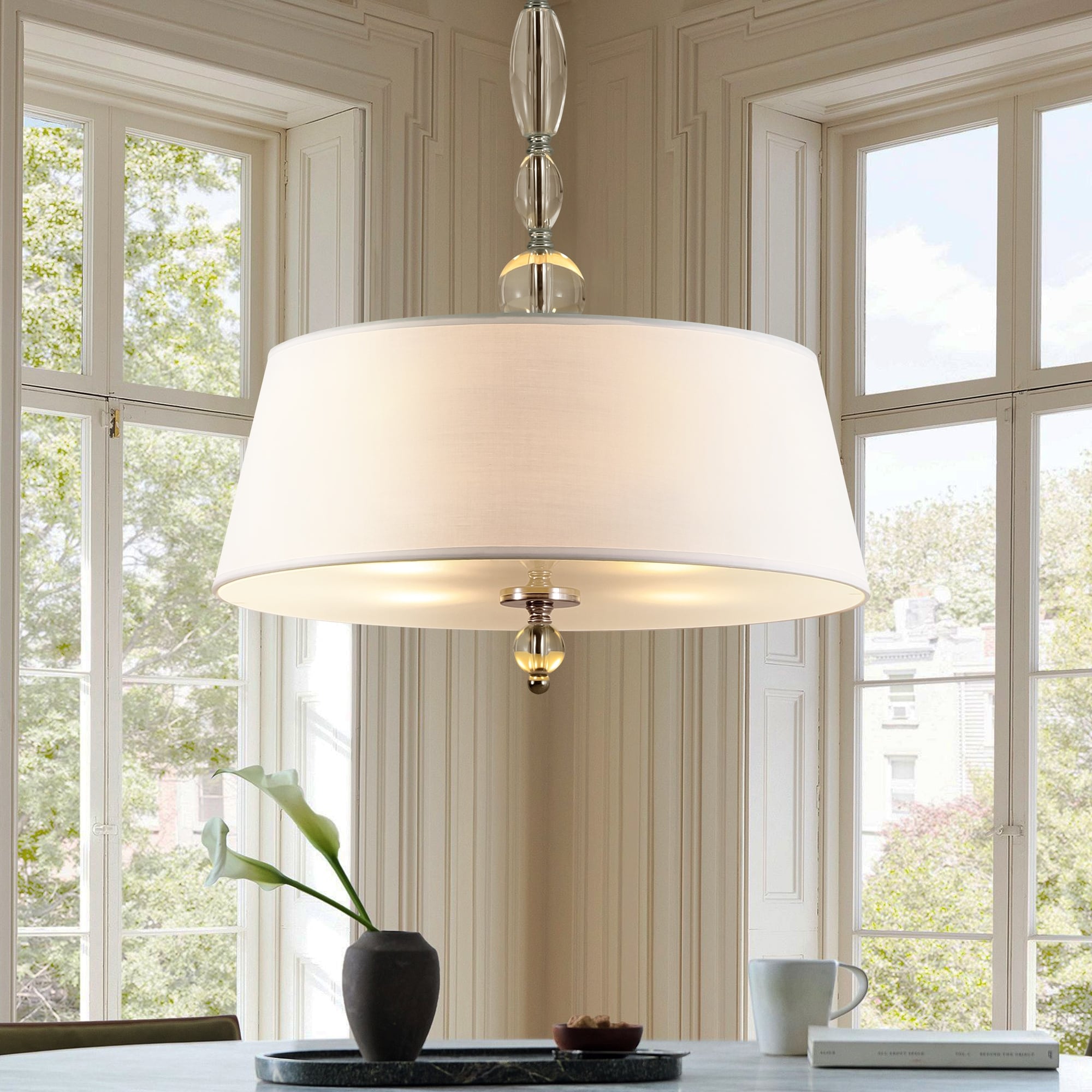 19.7" Modern Luxury Drum Chrome 4-Light Chandelier with White Fabric Shade & Glass Accents for Dining Room & Bedroom