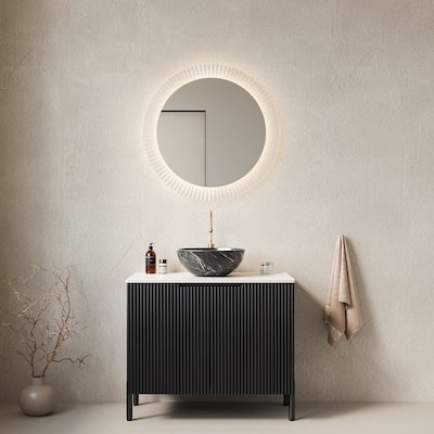 30" Bathroom Vanity Freestanding Storage Cabinet with Black Bowl Stone Pattern Ceramic Basin and White Sintered Stone Countertop