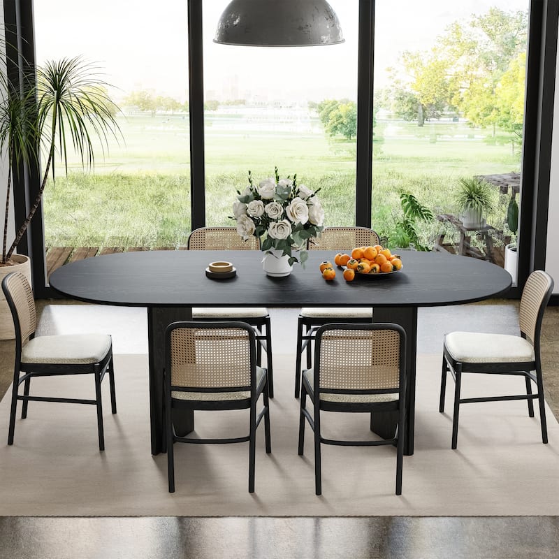 Solid Wood Farmhouse Dining Table with V-Shaped Legs and Oval Wood Top for Modern Dining Rooms & Family Gatherings