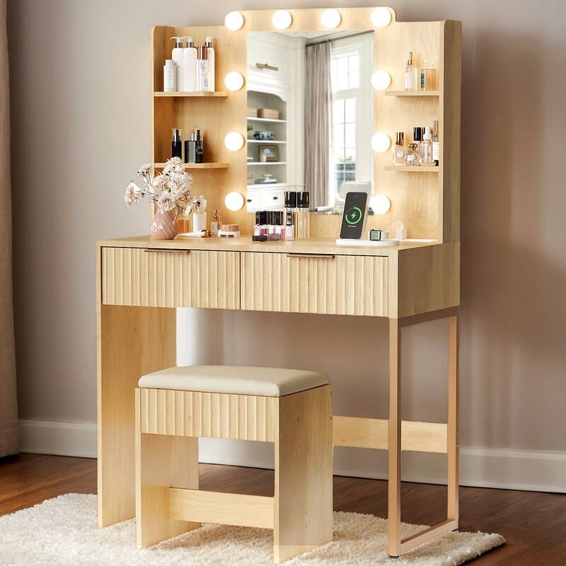Particle Board Veneered with Textured Melamine, 2-drawer 4-Shelf, comes with 10 Three-color Dimmable Bulbs, Dressing Table Set