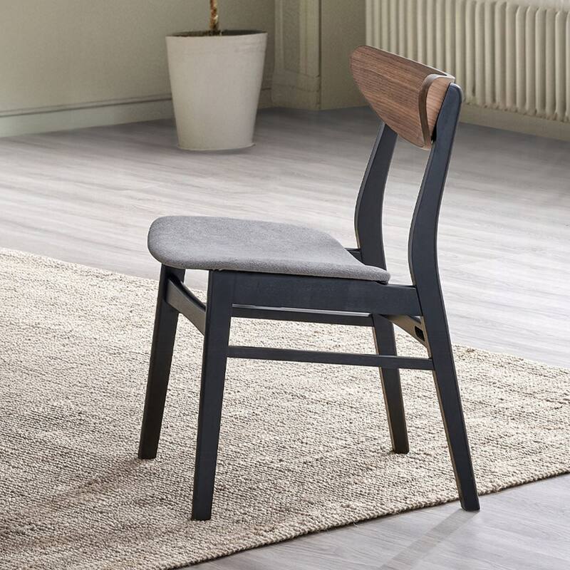 Set of 2 Linen Upholstered Dining Chairs with Curved Back in Gray and Walnut