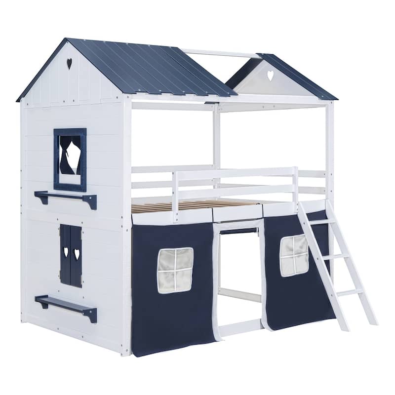 Merax Full/Twin Bunk Wood House Bed with Tent,