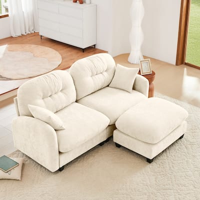 2 Seat Chenille Sofa Round Arms Sectional Sofa, Modern 74" Tufted Back Couch with Ottoman for Lving Room, Small Space