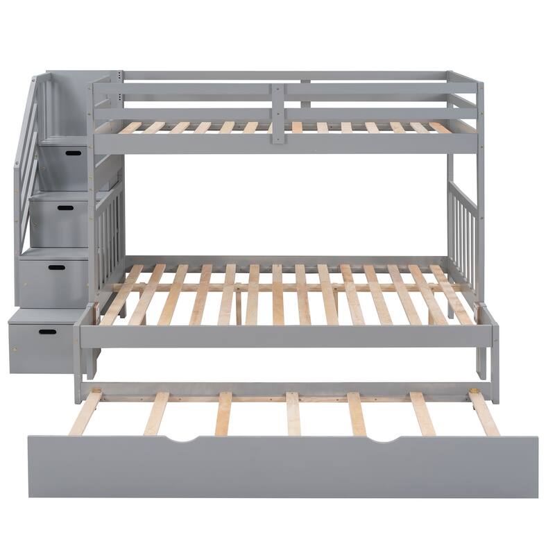 Twin Over Full Bunk Bed with Trundle and Staircase Storage Solid Wood